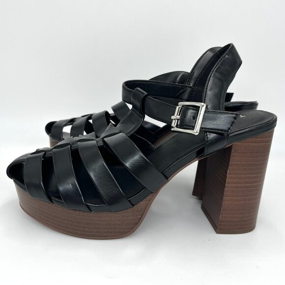 New Torrid Black Faux Leather Gladiator with Brown Chunky Heel - Size 8WW - Picture 8 of 11
